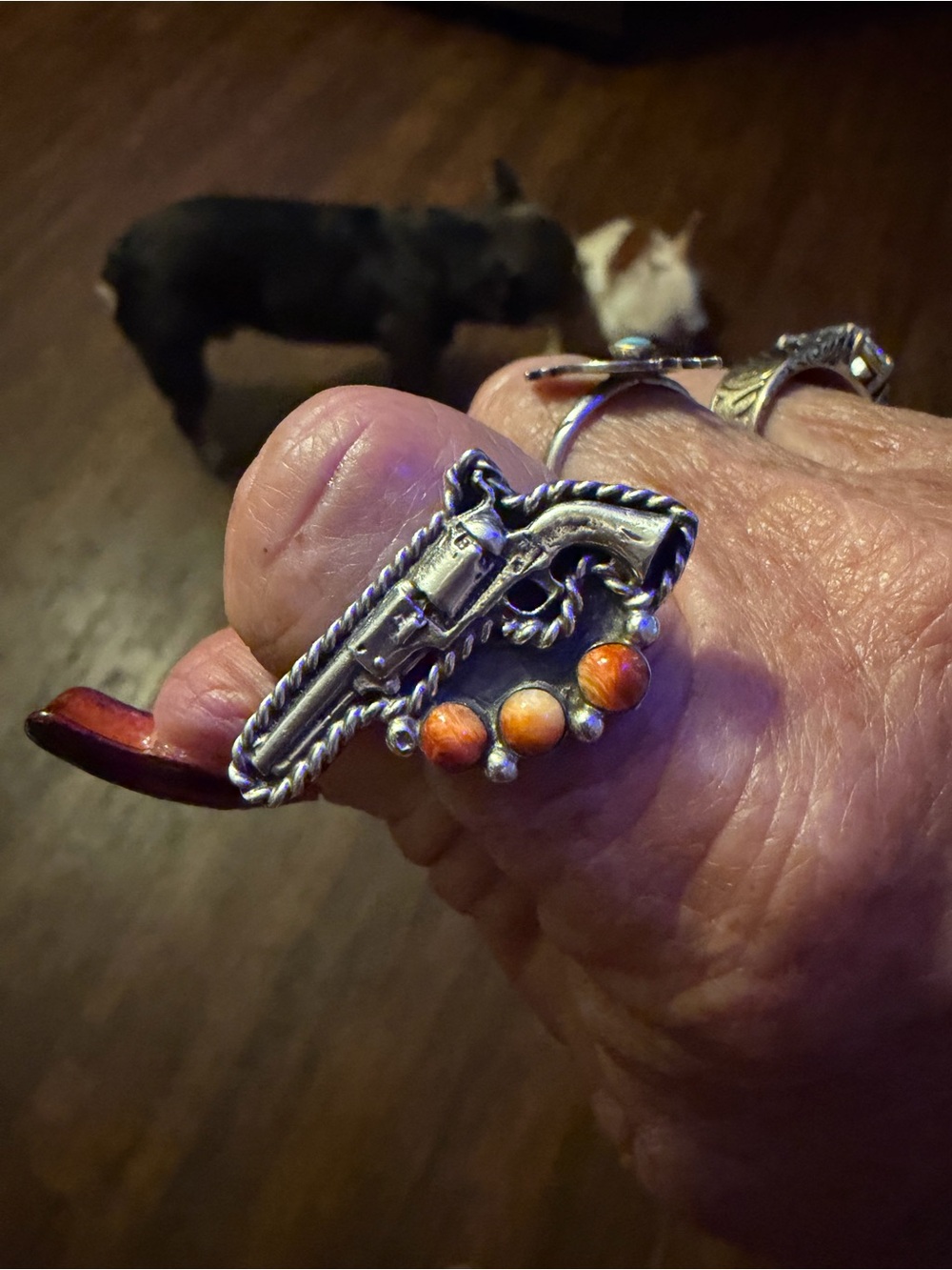 Sterling Silver bang bang Ring with Orange spiny stones native made sz 10